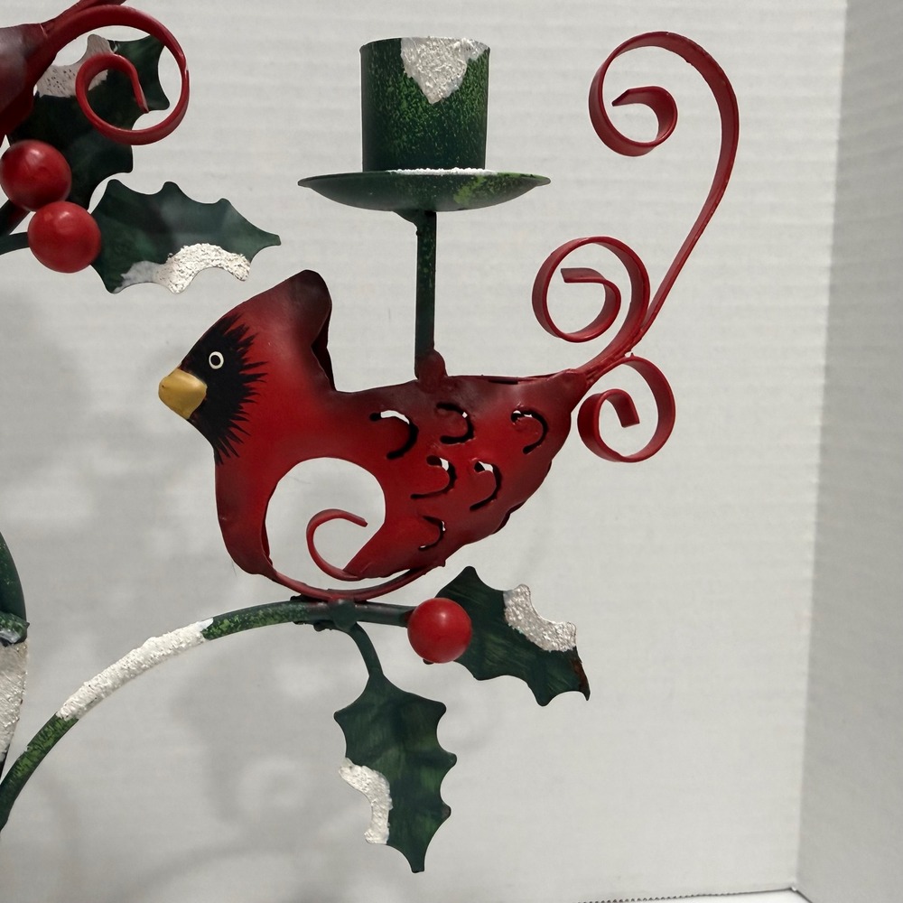 VTG Metal Cardinal Taper 3-Candle Holder Rustic Christmas Holly Bird Centerpiece - Picture 4 of 14
